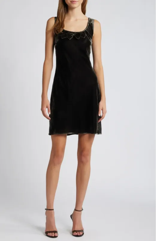 BOW DETAIL VELVET MINI DRESS sold by Wayf