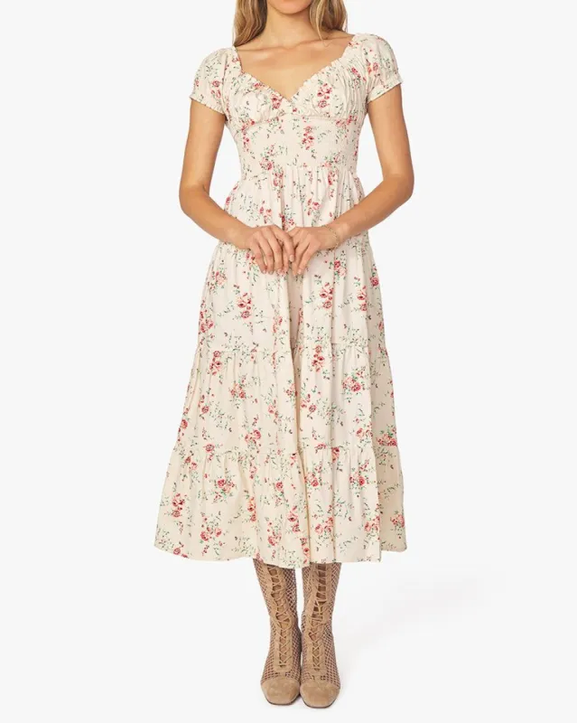 Puff Sleeve Dainty Floral Smocked Midi Dress sold by WeWoreWhat
