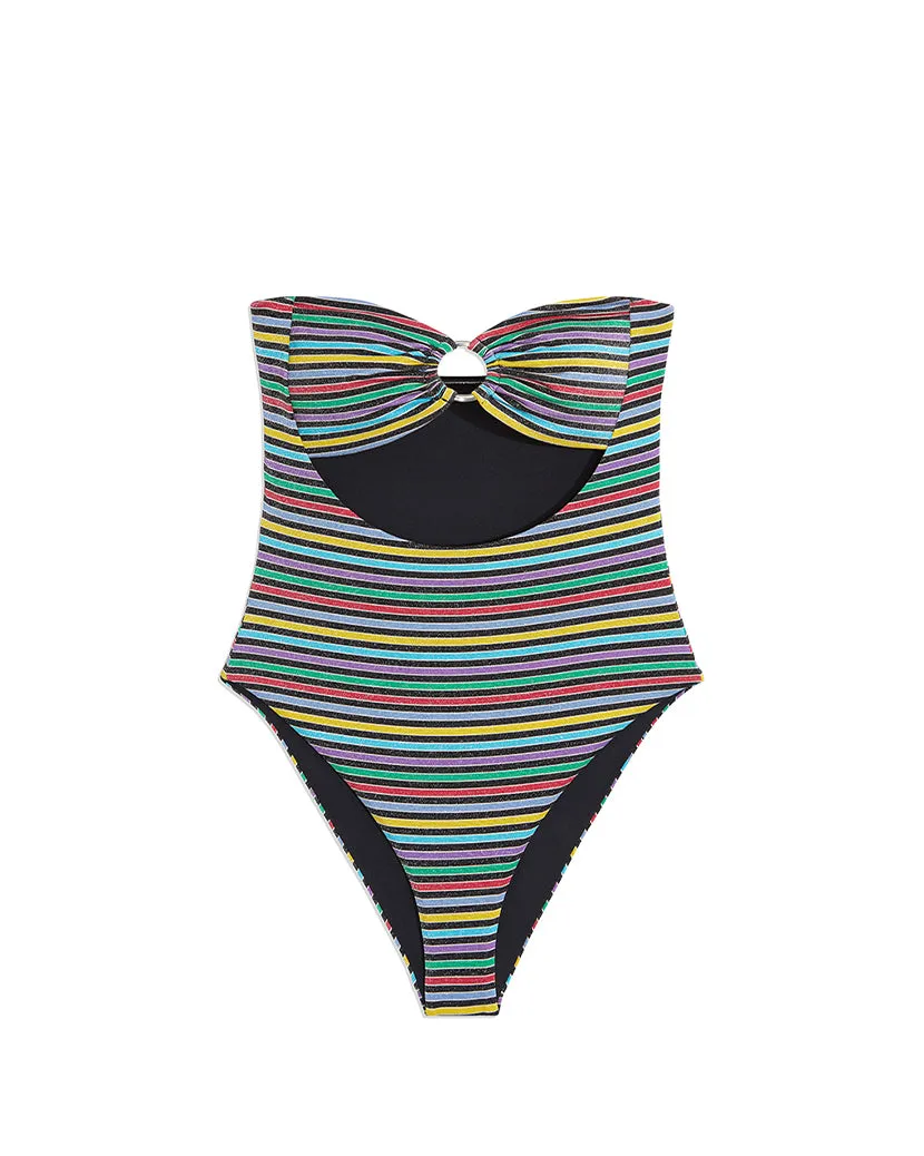 O-Ring Lurex Stripe Ruched Bandeau One Piece sold by WeWoreWhat