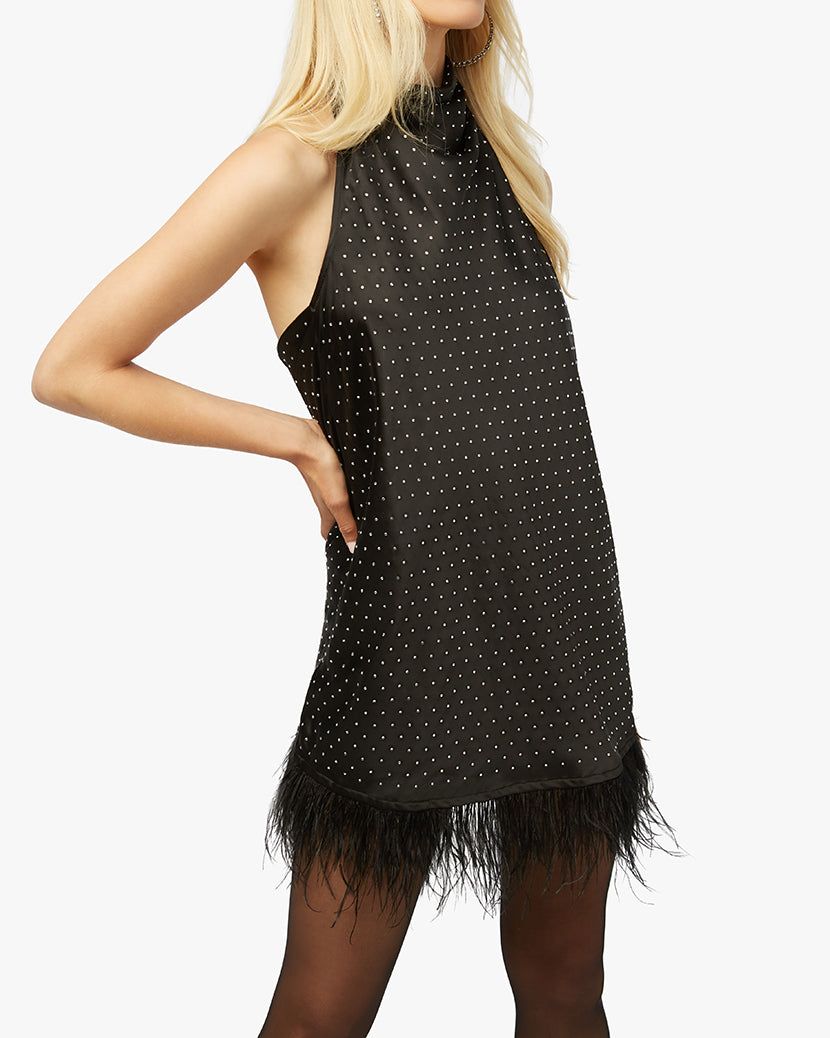 Feather Halter Satin Charmeuse Rhinestone Mini Dress sold by WeWoreWhat