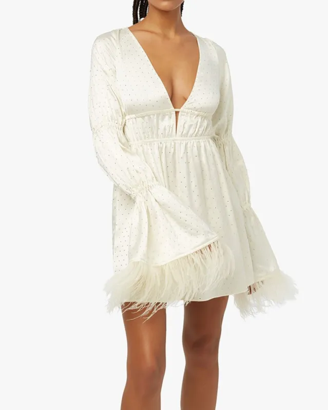 Tiered Feather Sleeve Satin Charmeuse Rhinestone Mini Dress sold by WeWoreWhat