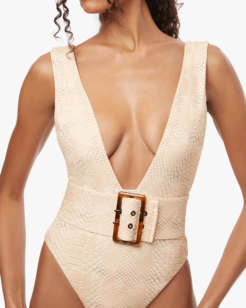 Belted Plunge Snake Skin One Piece sold by WeWoreWhat