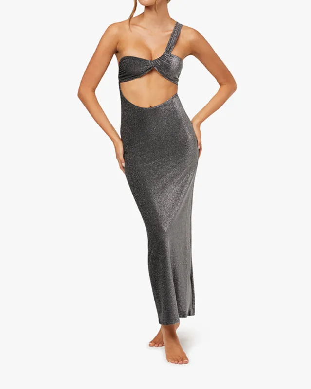 Ruched Asymmetrical Knit Maxi Dress sold by WeWoreWhat