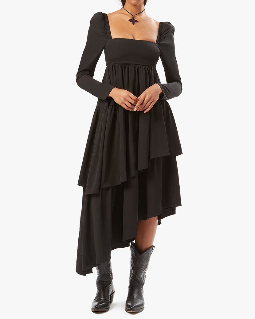 Puff Sleeve Asymmetrical Tiered Crepe Dress sold by WeWoreWhat