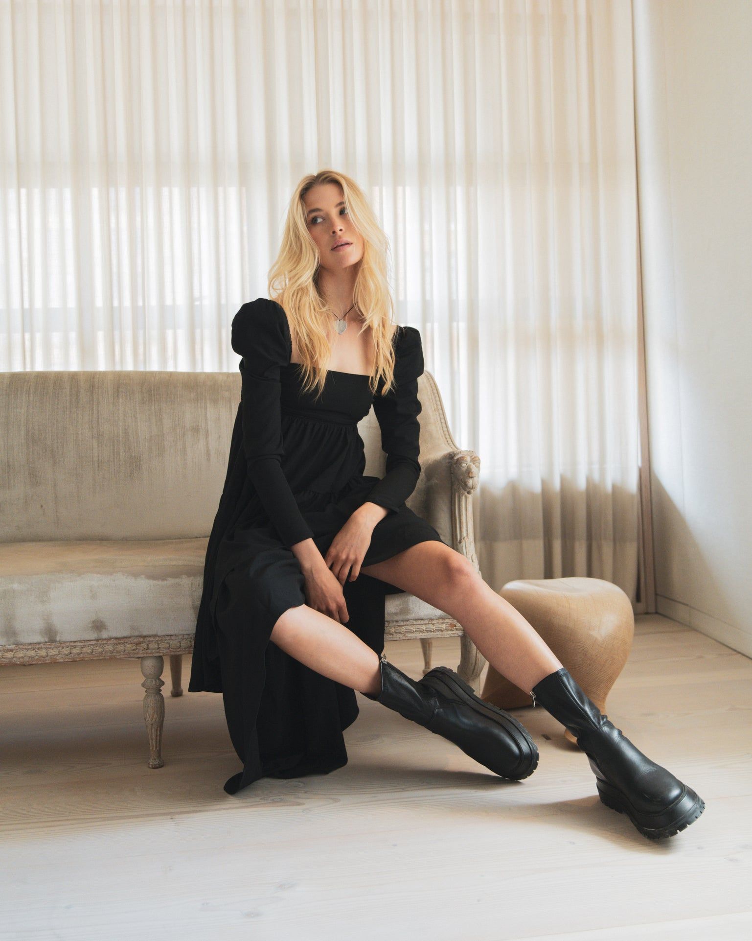 Puff Sleeve Asymmetrical Tiered Crepe Dress sold by WeWoreWhat product image thumbnail 3