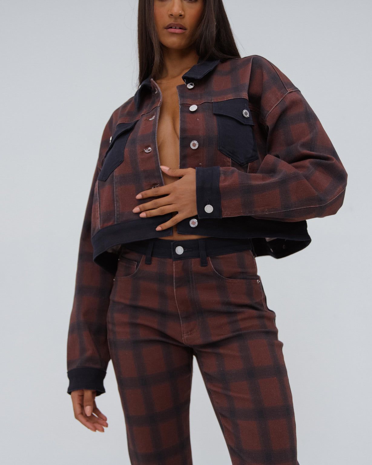 Color Block Modern Plaid Stretch Twill Denim Jacket sold by WeWoreWhat product image thumbnail 3