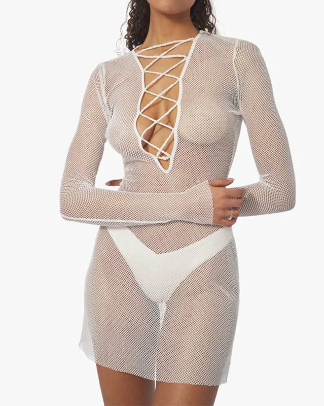 V-Neck Fishnet Lace Up Mini Dress sold by WeWoreWhat