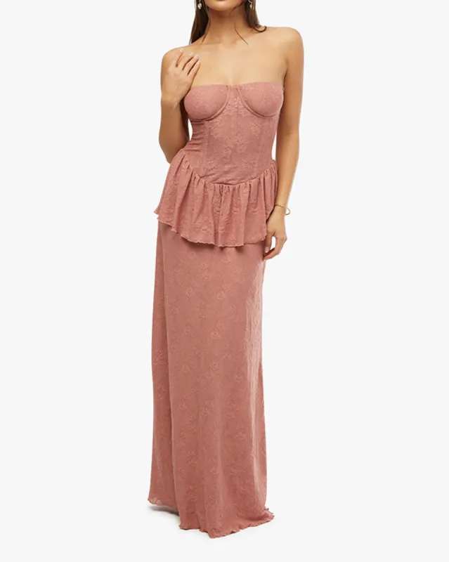 Strapless Corset Peplum Maxi Dress sold by WeWoreWhat