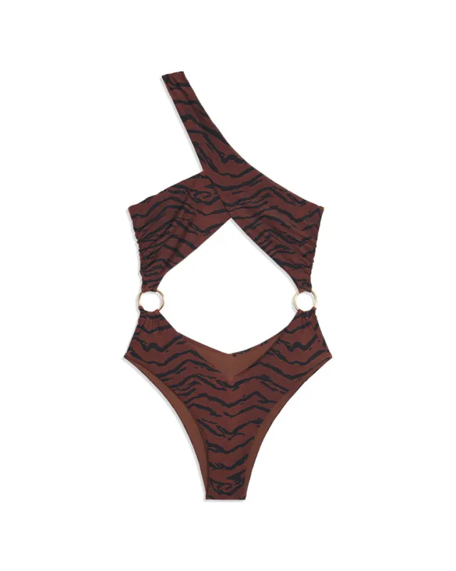 Asymmetrical Cross-Over Tiger One Piece sold by WeWoreWhat