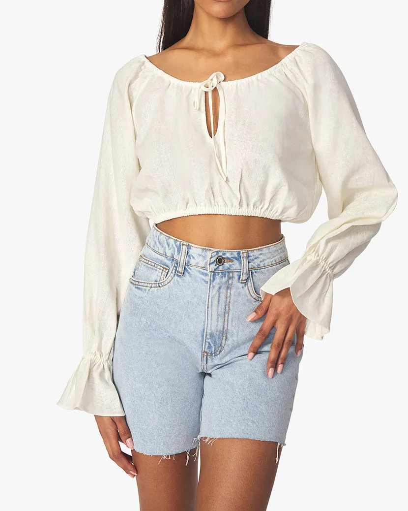 On/Off Shoulder Tie Front Linen Blend Top sold by WeWoreWhat