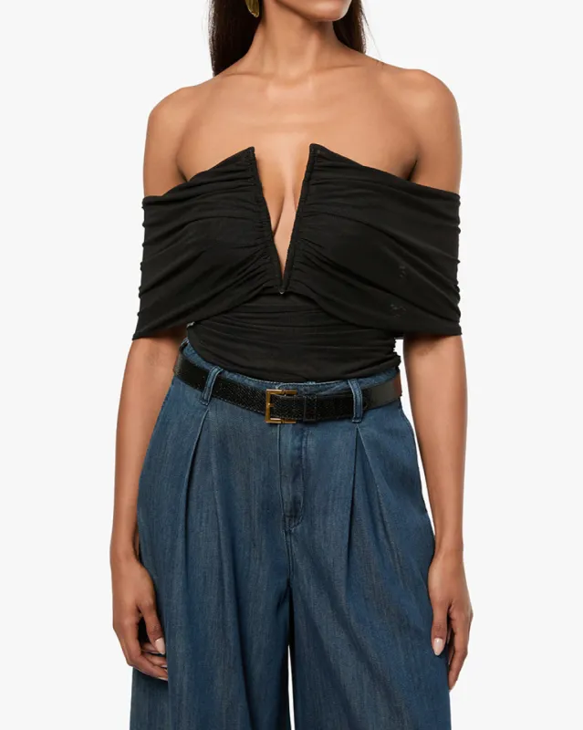 Ruched Off Shoulder Bodysuit sold by WeWoreWhat