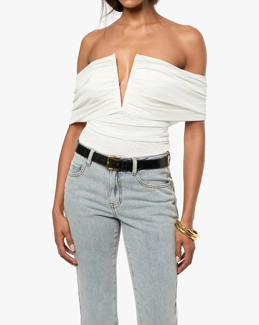 Ruched Off Shoulder Bodysuit sold by WeWoreWhat
