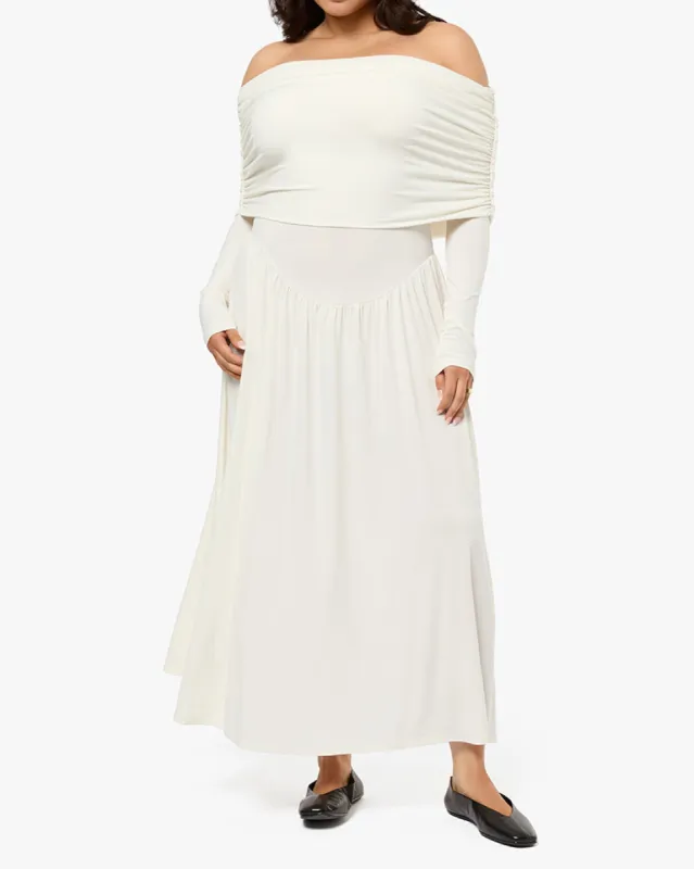 Off Shoulder Ruched Midi Dress sold by WeWoreWhat