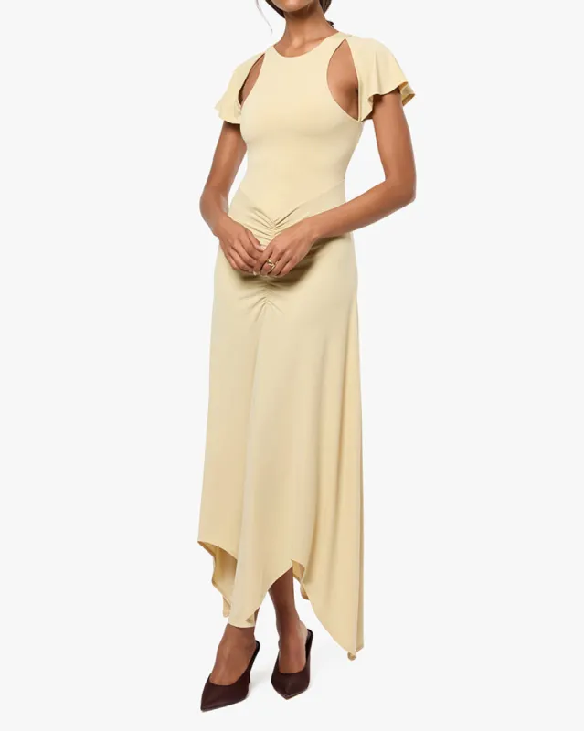Ruched Cut Out Asymmetrical Midi Dress sold by WeWoreWhat