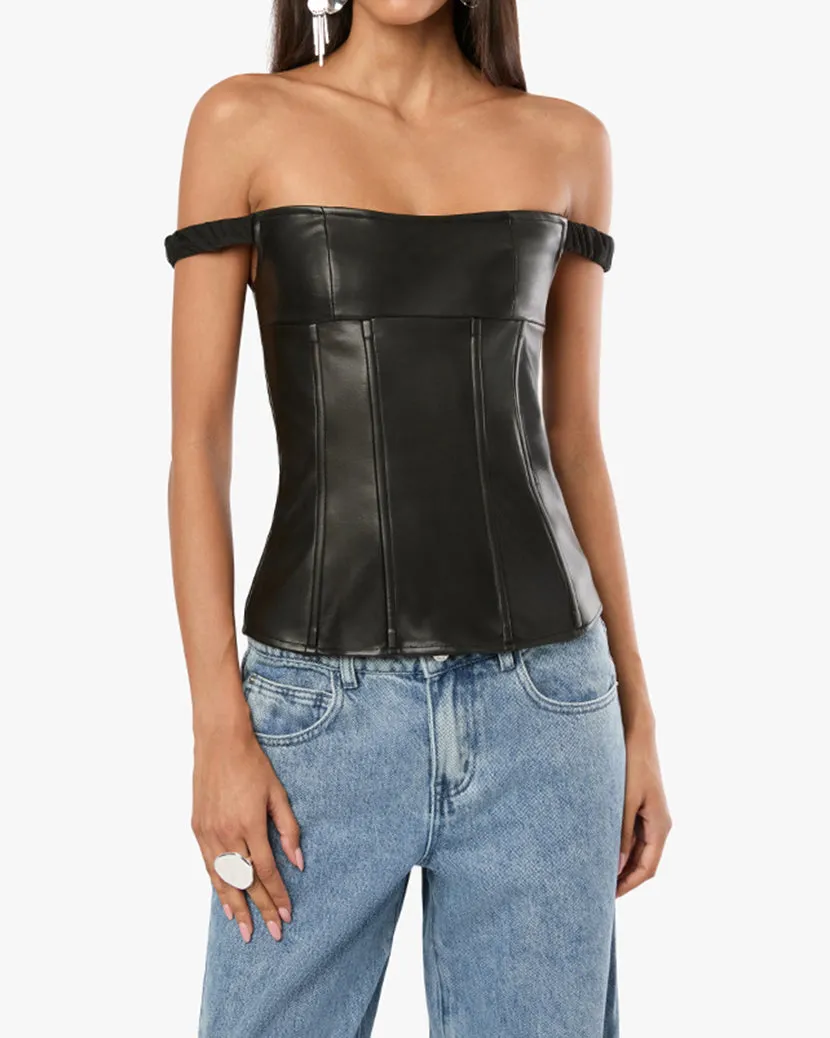 Off Shoulder Vegan Leather Corset sold by WeWoreWhat