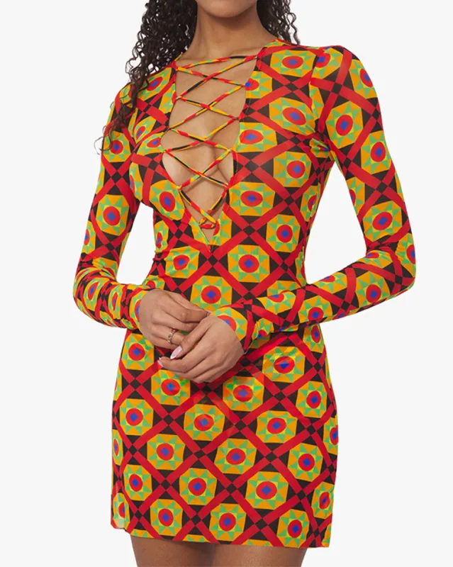 V-Neck Mosaic Lace Up Mini Dress sold by WeWoreWhat