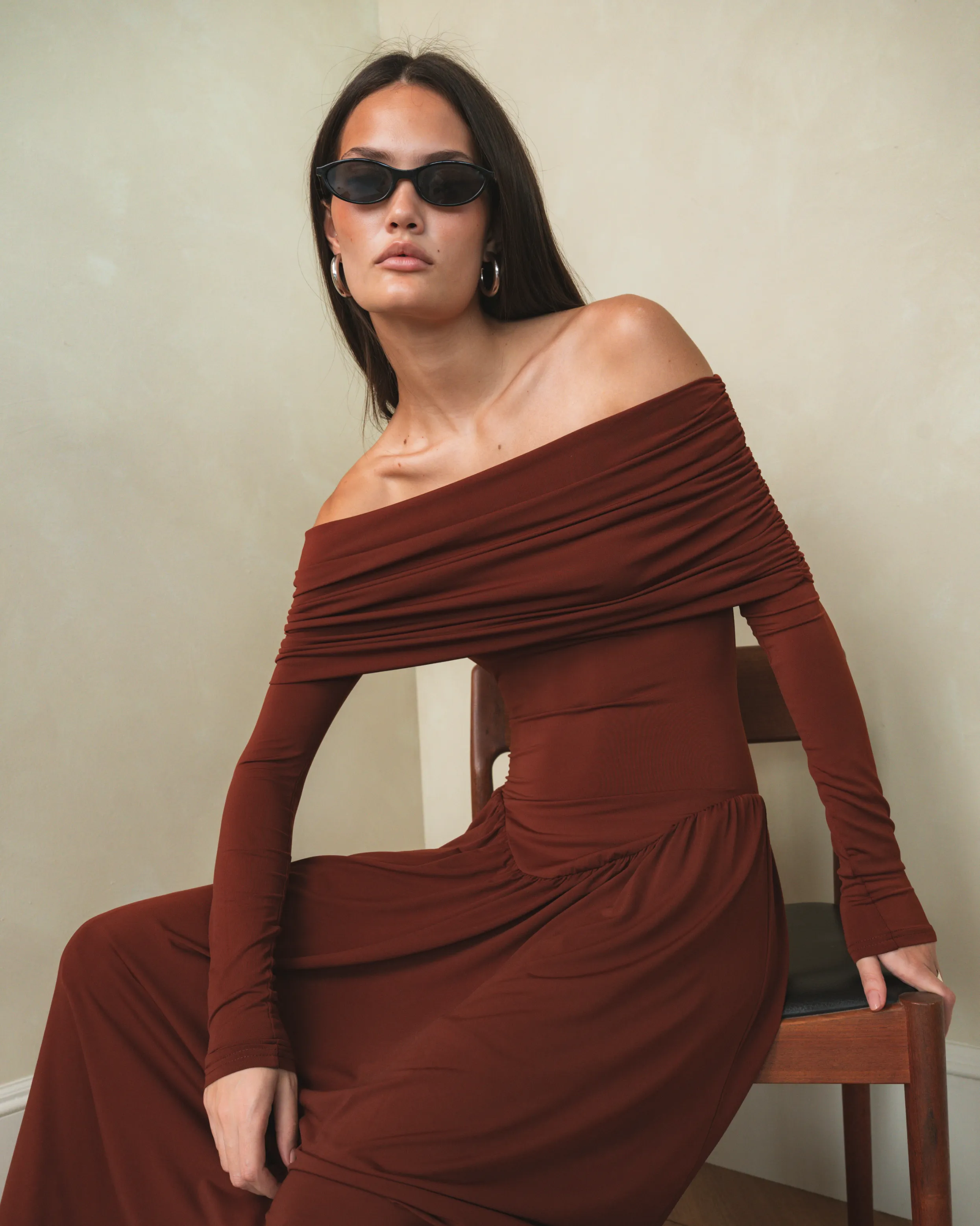 Off Shoulder Ruched Midi Dress sold by WeWoreWhat