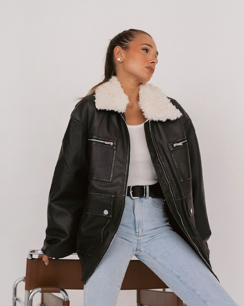 Long Vegan Leather Sherpa Collar Jacket sold by WeWoreWhat product image thumbnail 3