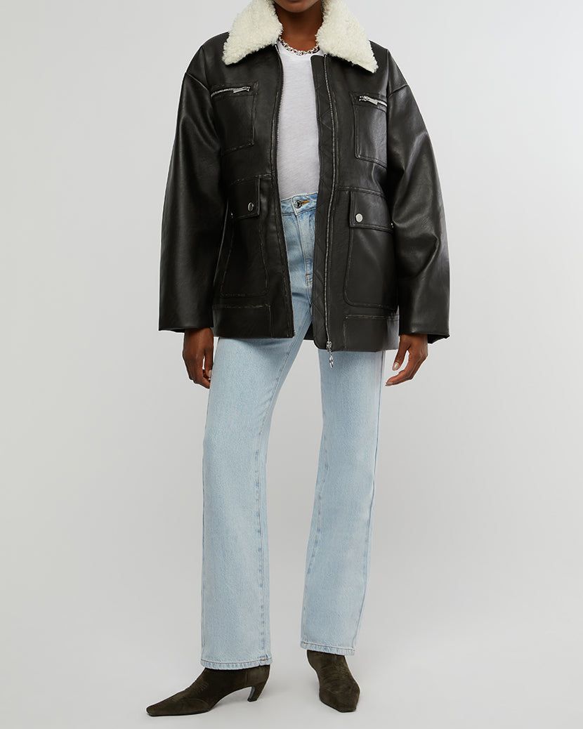 Long Vegan Leather Sherpa Collar Jacket sold by WeWoreWhat product image thumbnail 4
