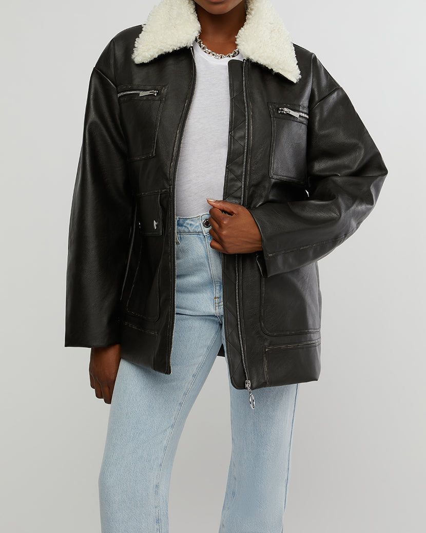 Long Vegan Leather Sherpa Collar Jacket sold by WeWoreWhat