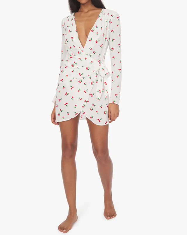 Cowl Neck Cherries Mini Wrap Dress sold by WeWoreWhat