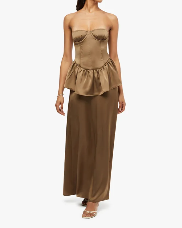 Strapless Corset Peplum Maxi Dress sold by WeWoreWhat