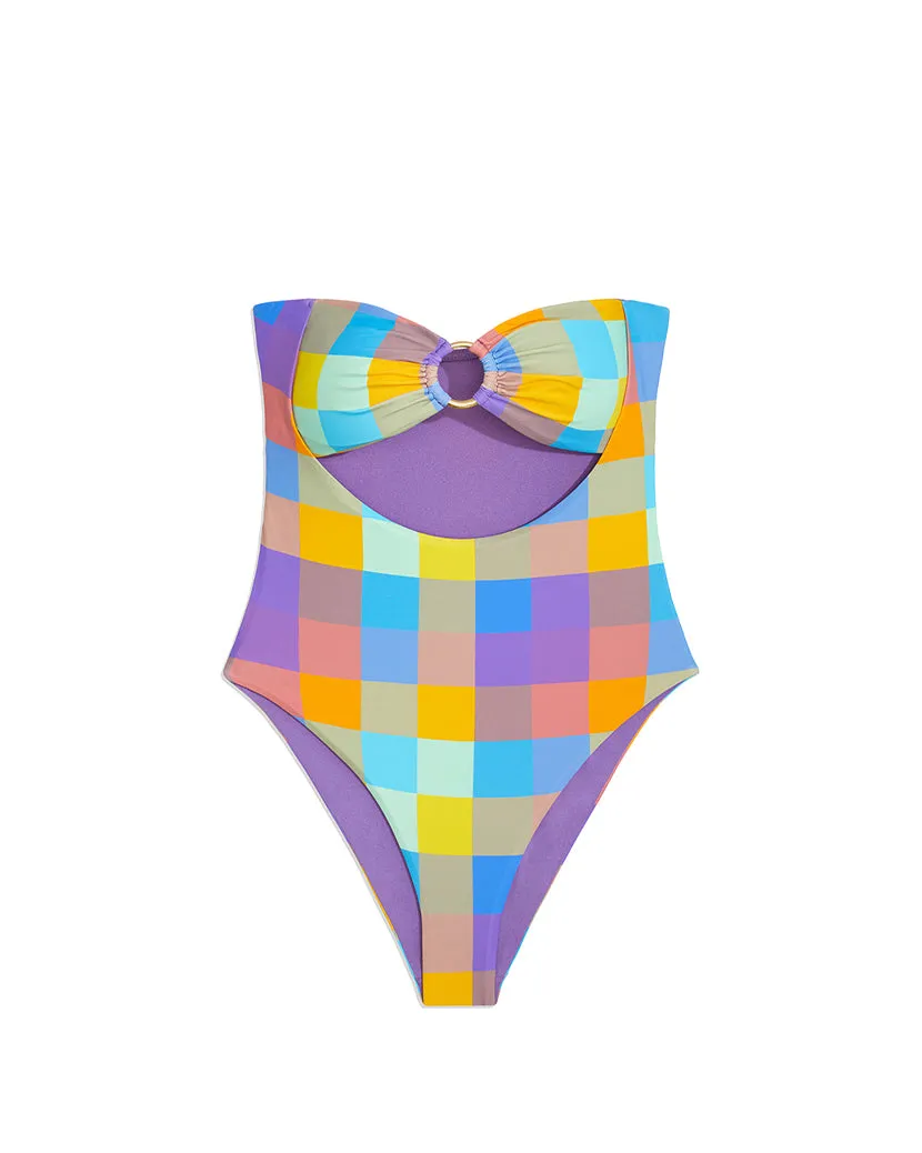 O-Ring Oversized Gingham Ruched Bandeau One Piece sold by WeWoreWhat