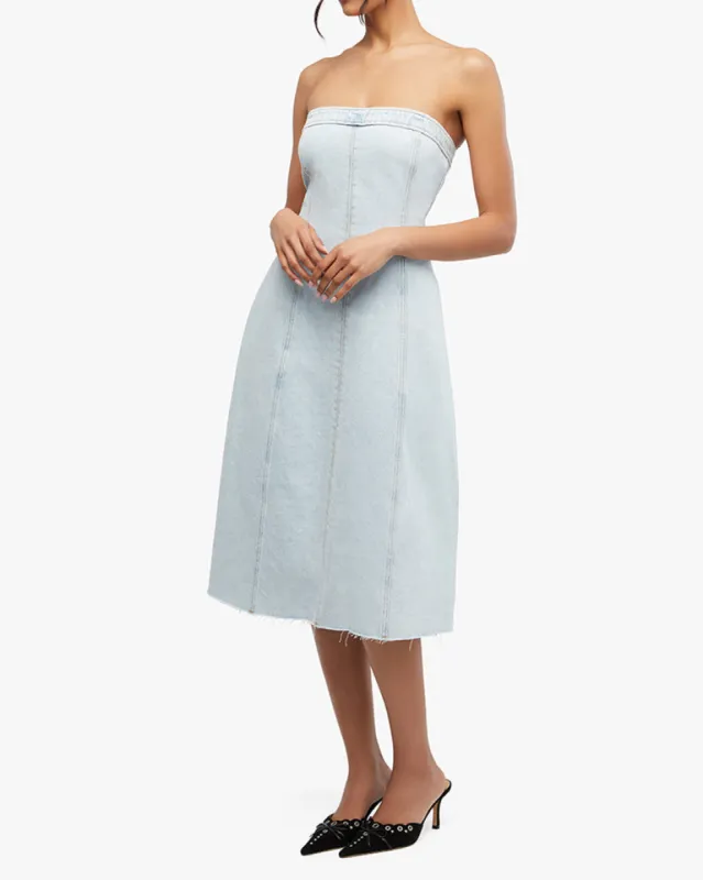 Denim Strapless Midi Dress sold by WeWoreWhat