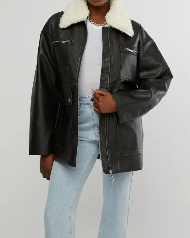 Long Vegan Leather Sherpa Collar Jacket sold by WeWoreWhat