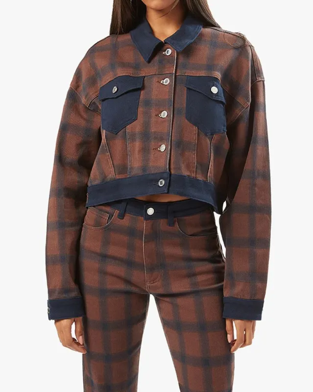 Color Block Modern Plaid Stretch Twill Denim Jacket sold by WeWoreWhat