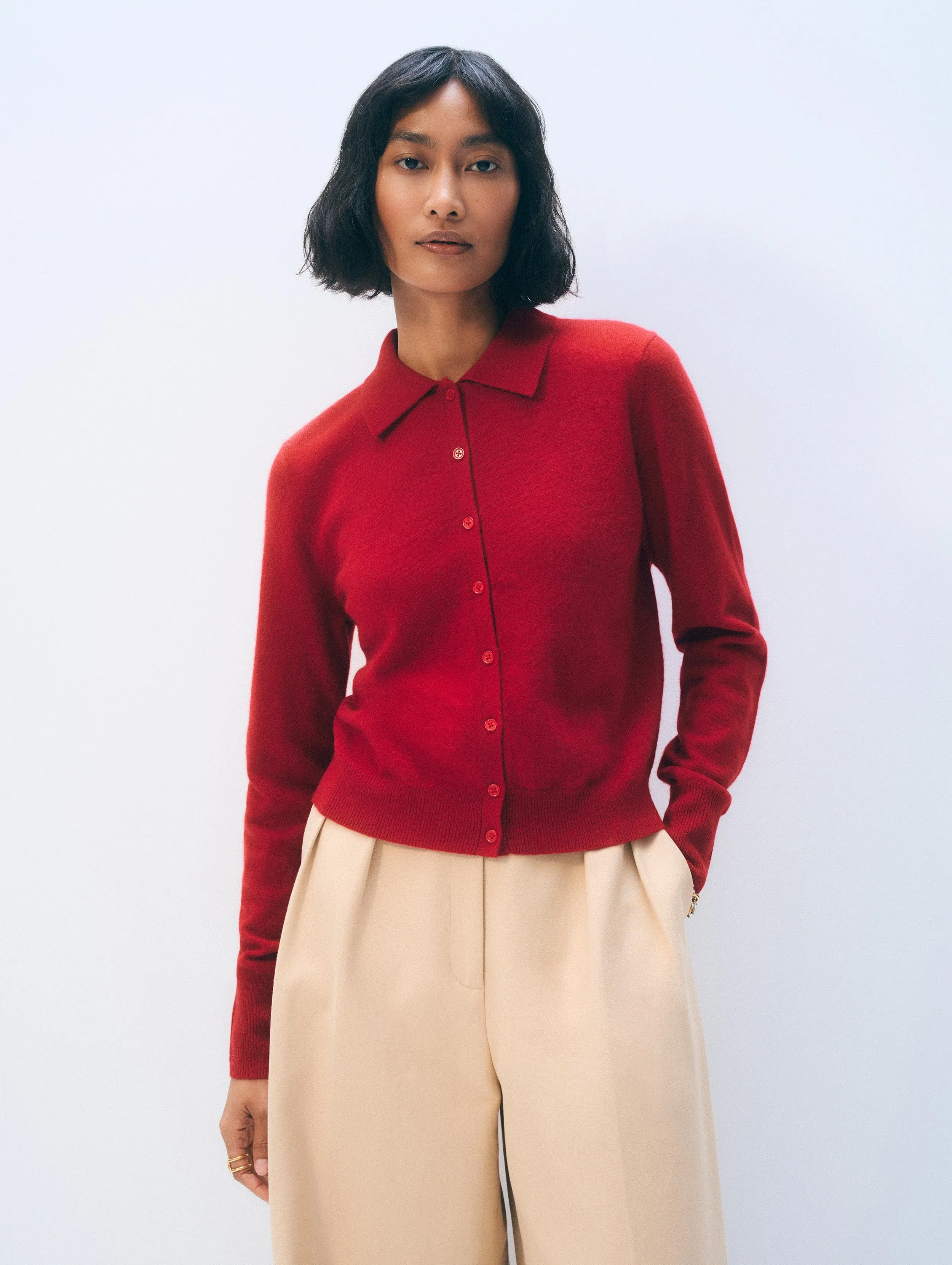 Cashmere Collared Cardigan | Deep Crimson sold by White + Warren
