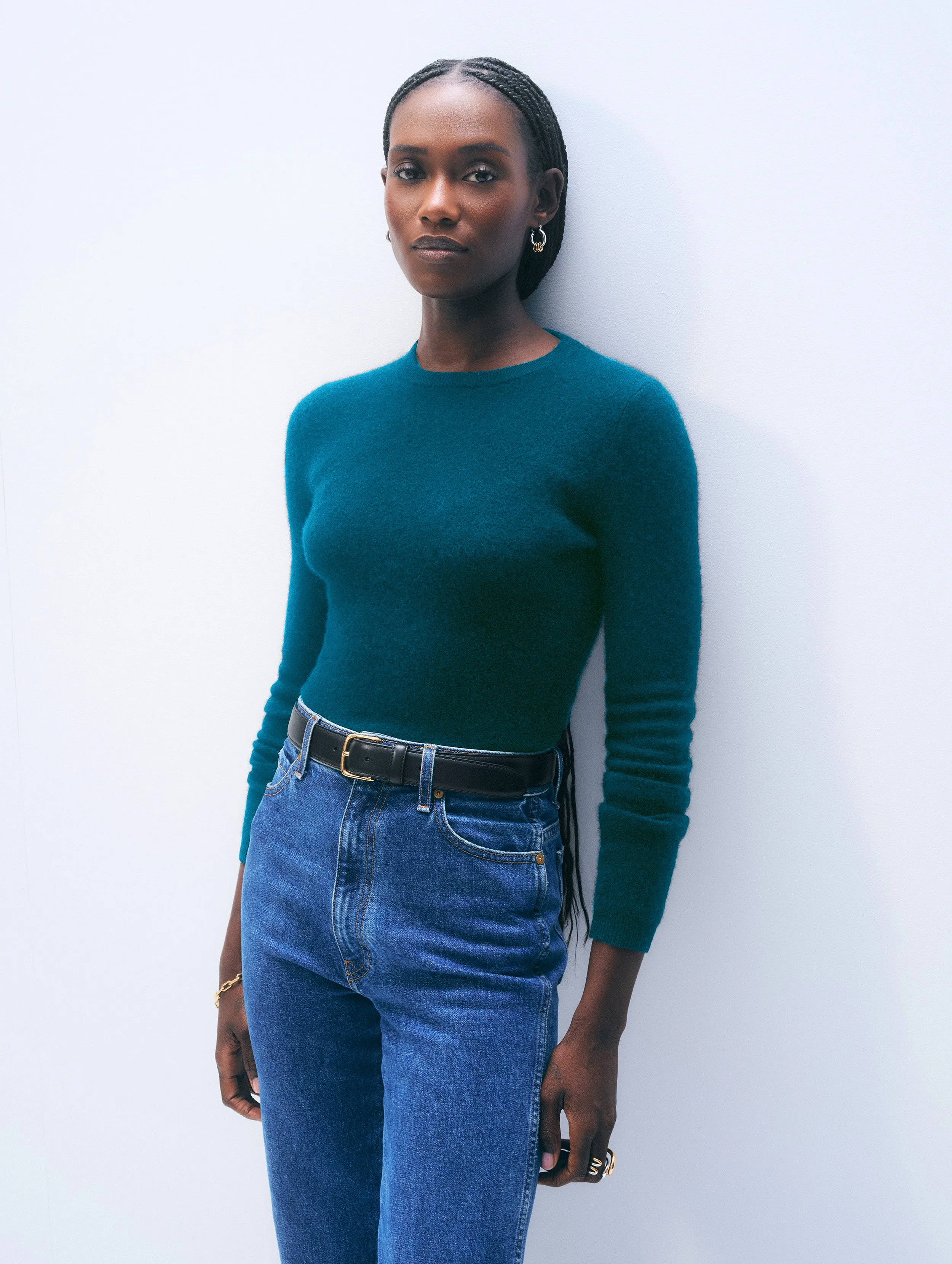 Cashmere Slim Stretch Crewneck | Deepwater Teal sold by White + Warren
