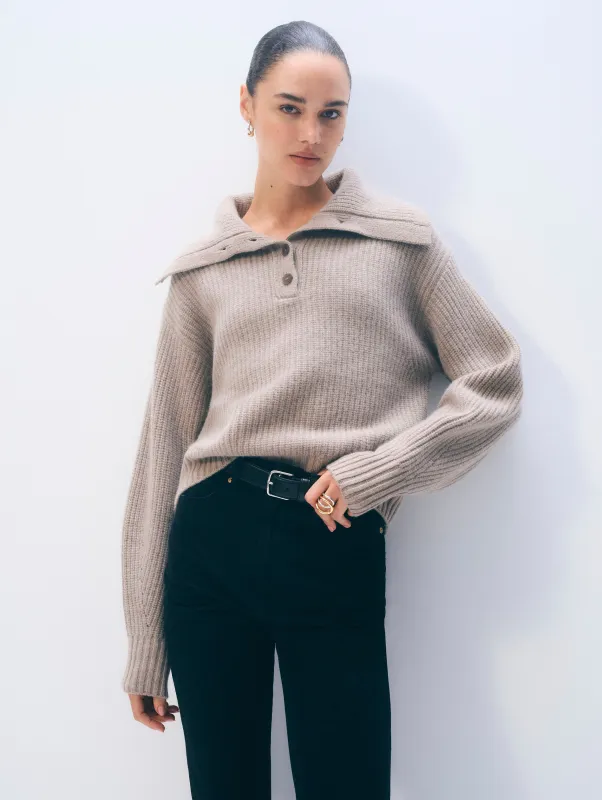 Cashmere Blend Collared Henley | Misty Brown Heather sold by White + Warren