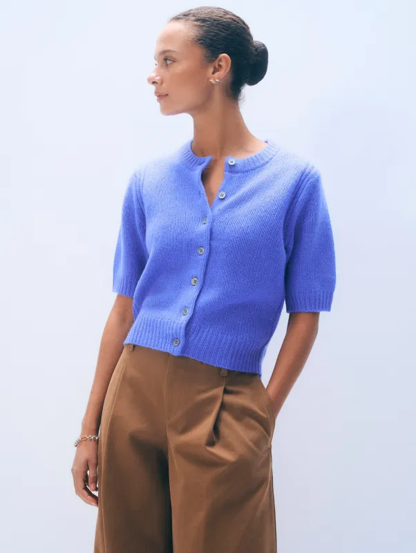 Cashmere Short Sleeve Cardigan | Blue Iris sold by White + Warren