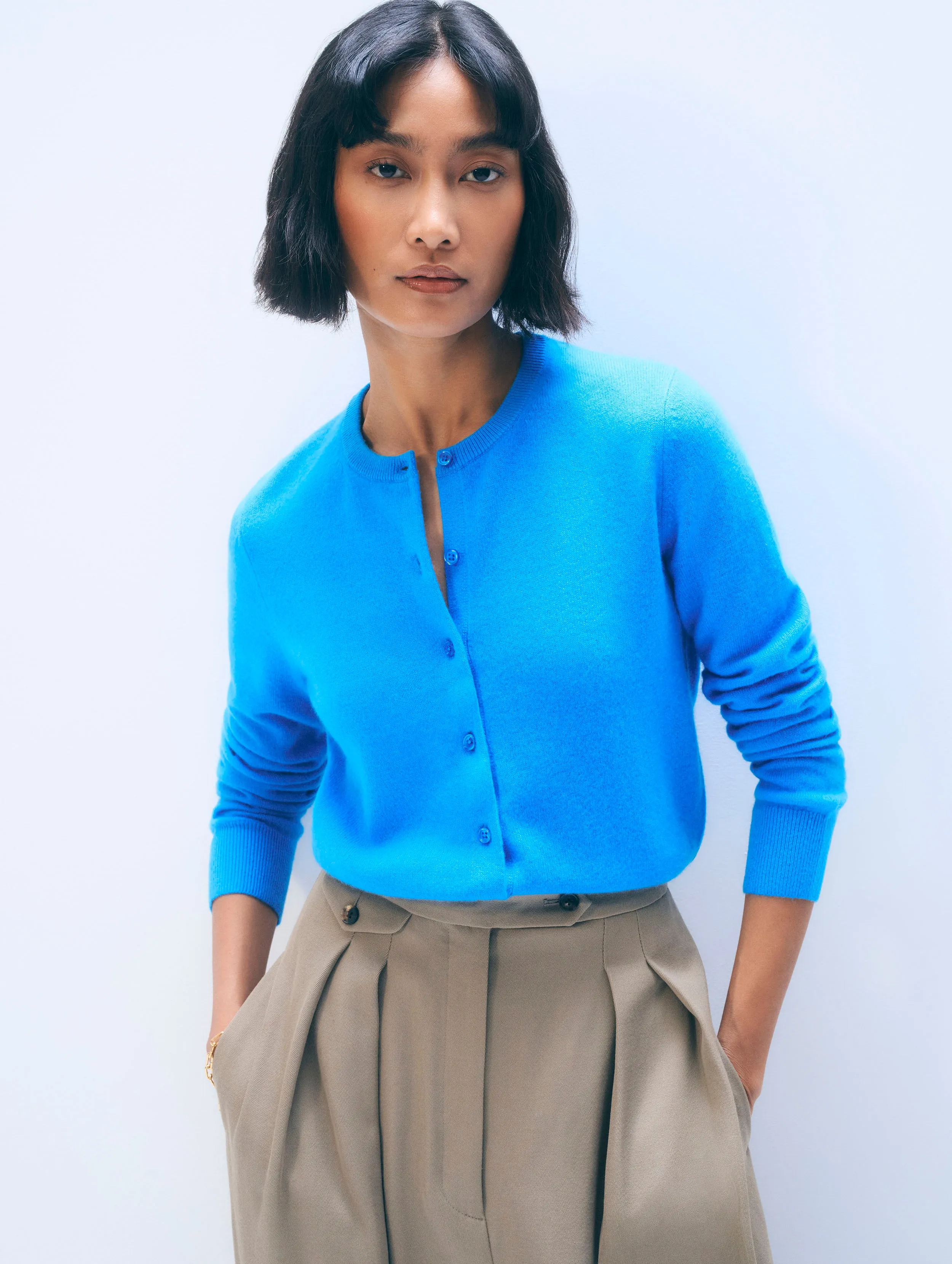 Cashmere Crewneck Cardigan | Cerulean Blue sold by White + Warren
