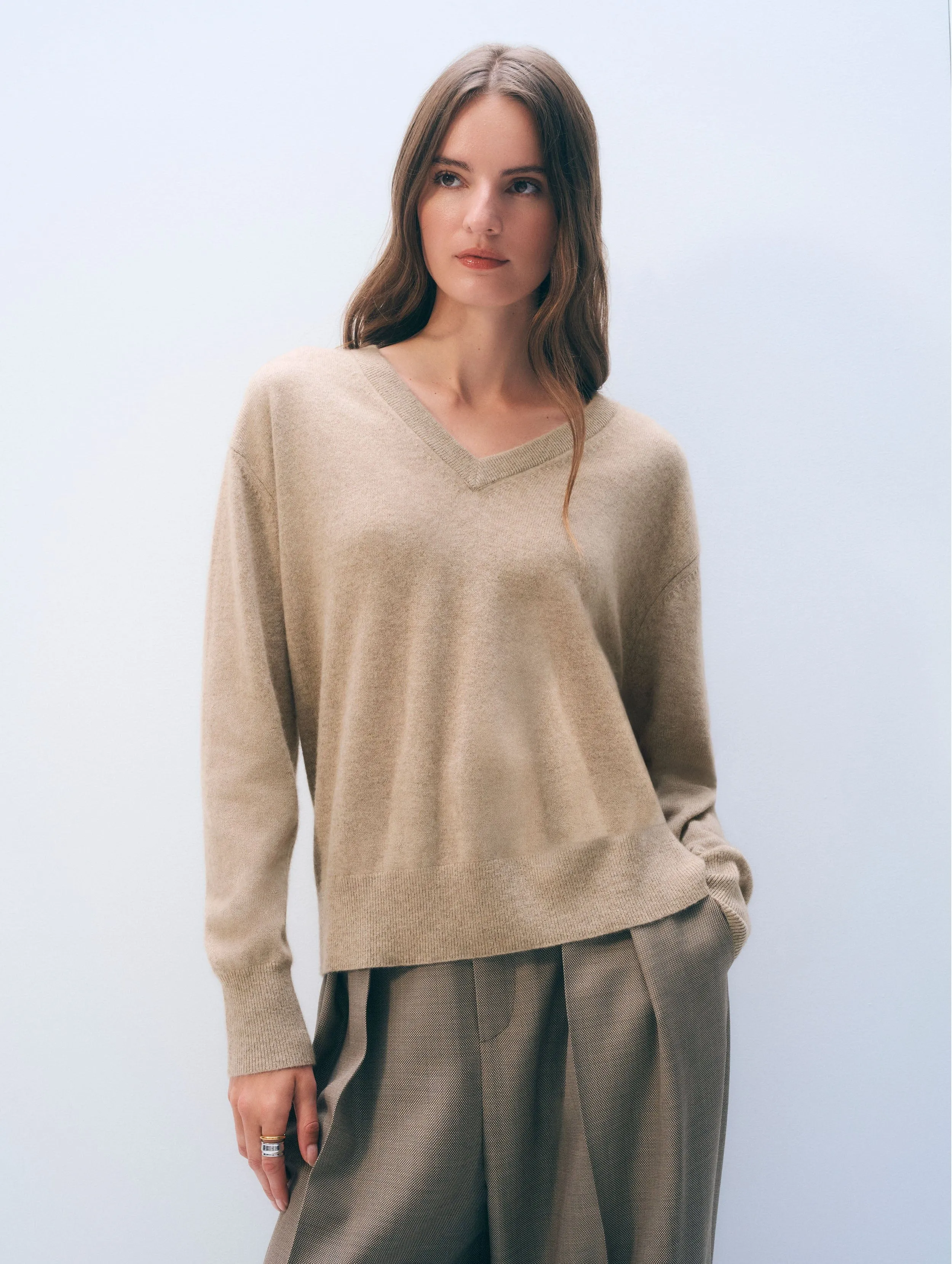 Cashmere V Neck | Taupe Heather sold by White + Warren