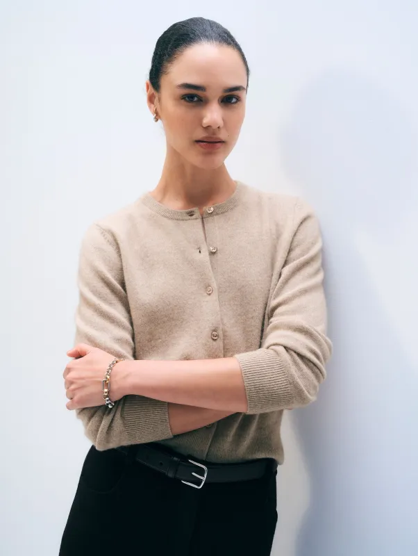 Cashmere Crewneck Cardigan | Taupe Heather sold by White + Warren