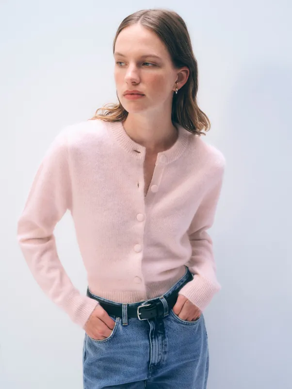 Brushed Cashmere Crewneck Cardigan | Powdered Rose sold by White + Warren