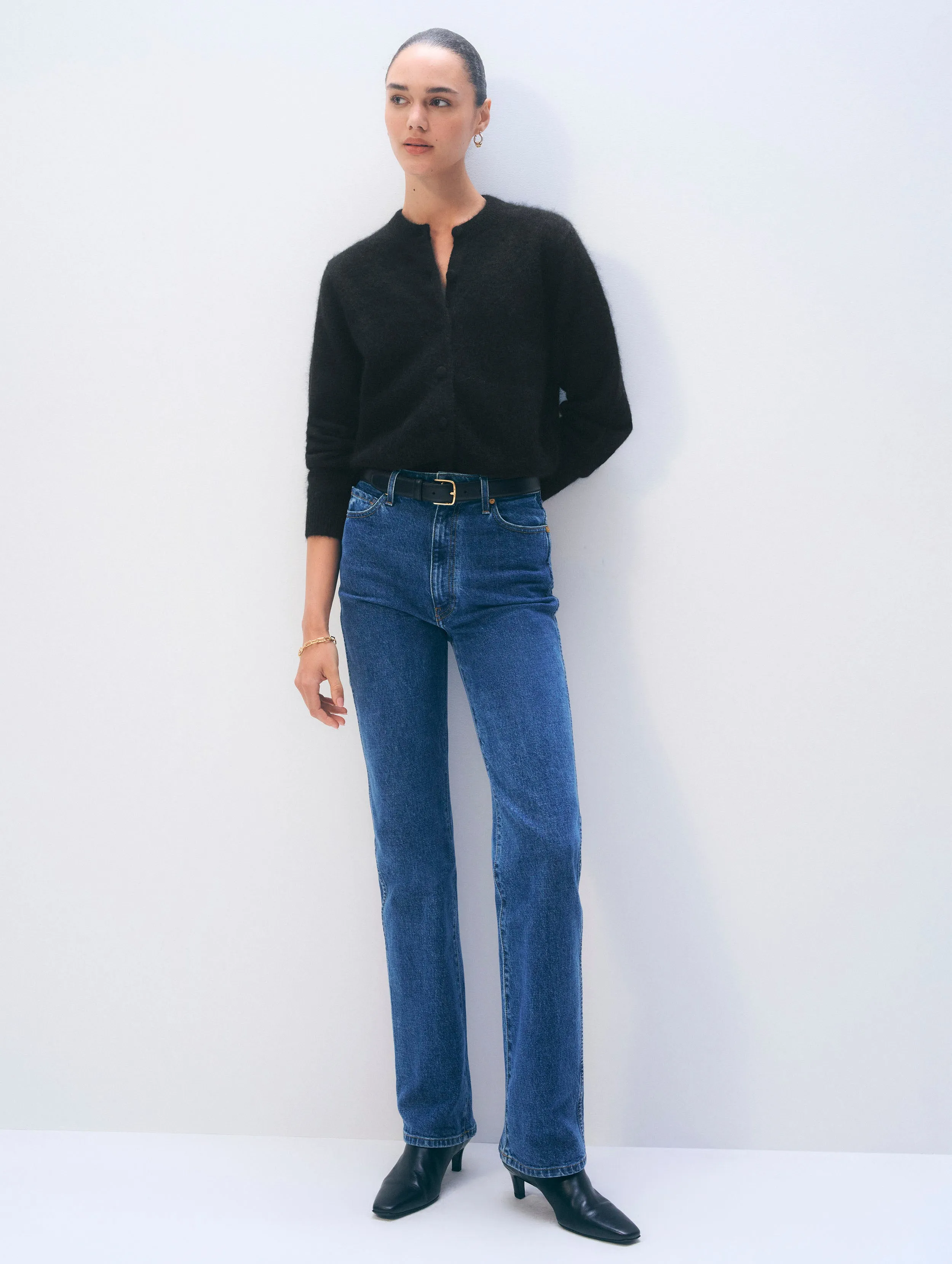 Brushed Cashmere Crewneck Cardigan | Black sold by White + Warren product image thumbnail 4