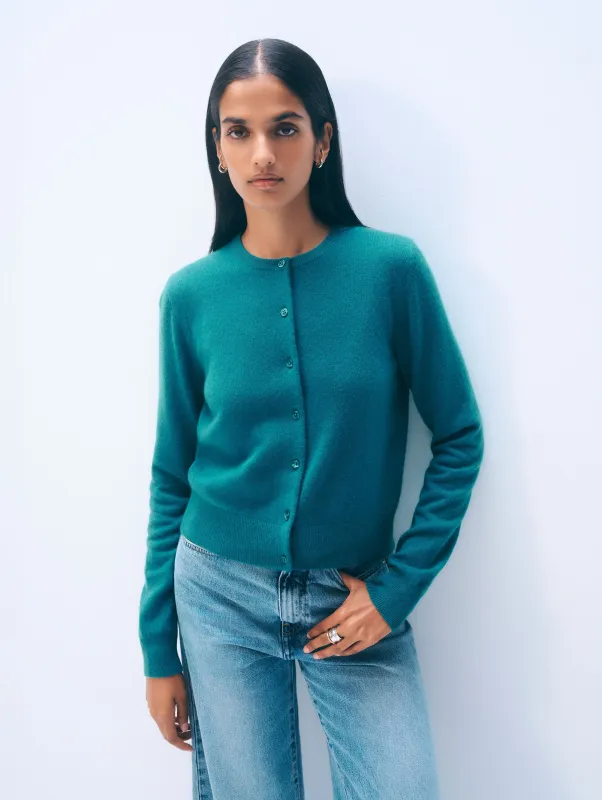 Cashmere Crewneck Cardigan | Deepwater Teal sold by White + Warren