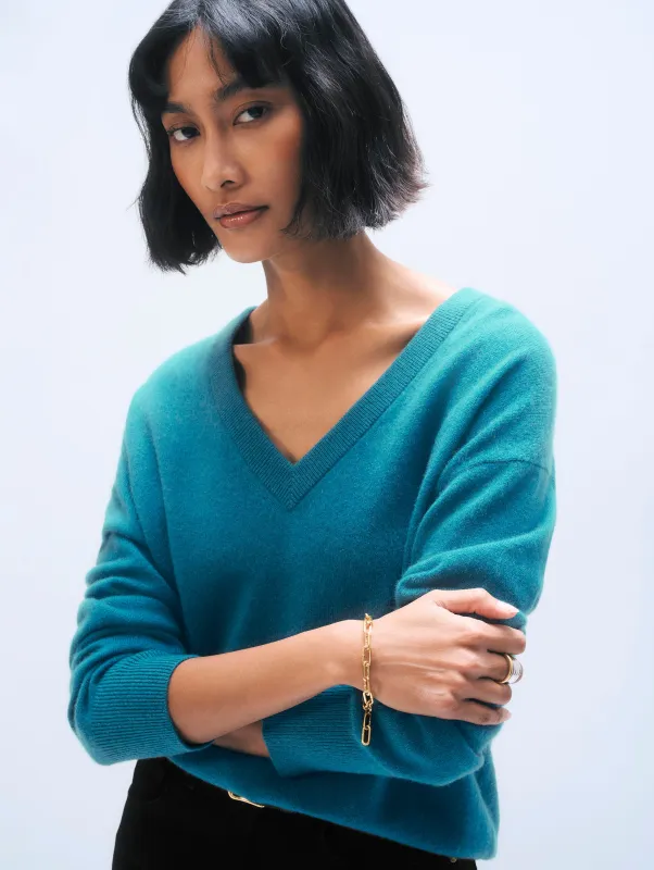 Cashmere V Neck | Deepwater Teal sold by White + Warren