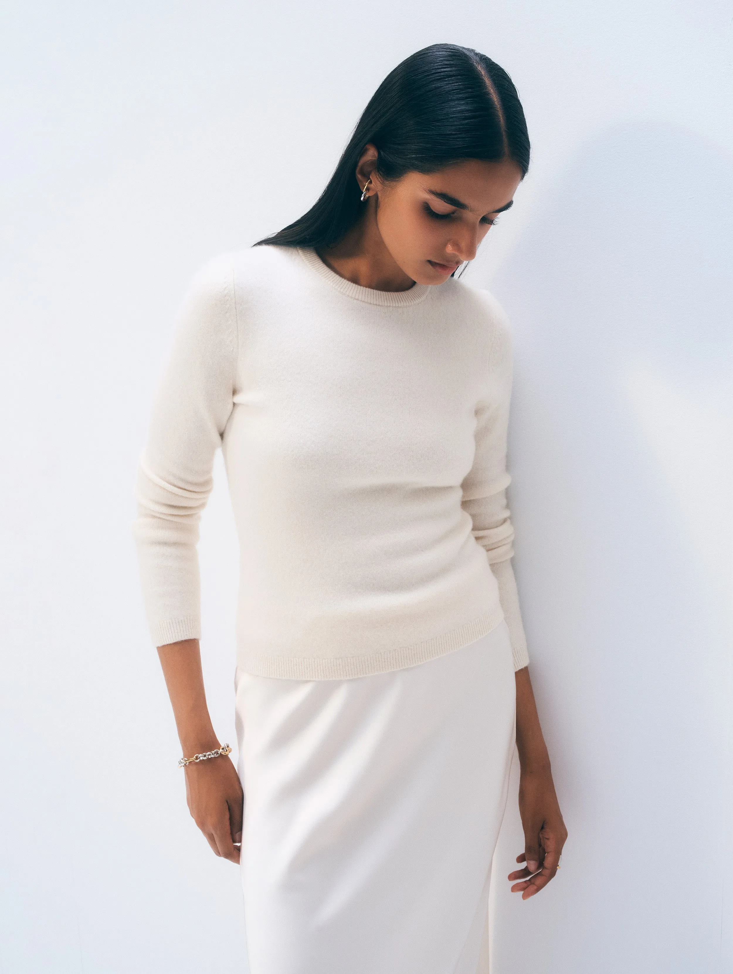 Cashmere Slim Stretch Crewneck | Soft White sold by White + Warren
