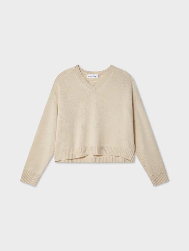 Cashmere Saddle Shoulder V Neck | Natural Heather sold by White + Warren