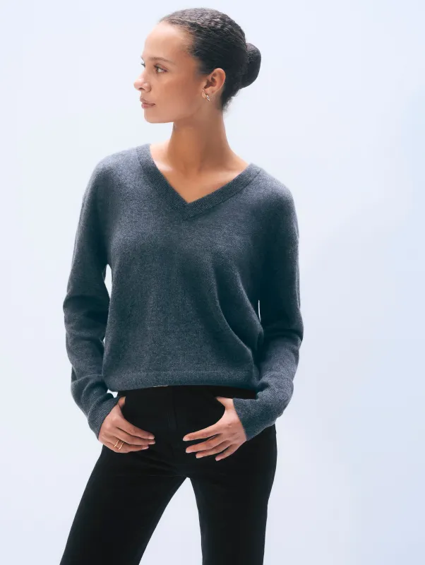 Cashmere V Neck | Dark Slate Heather sold by White + Warren