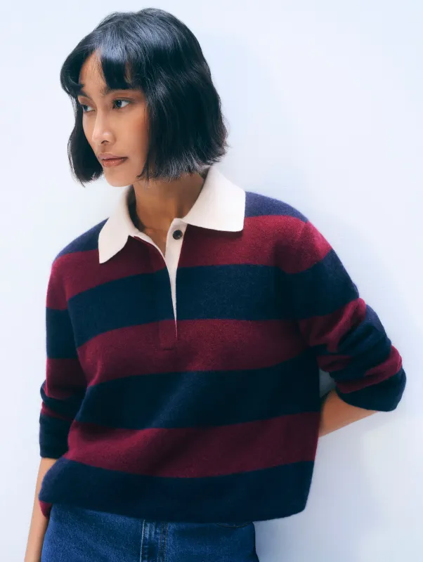 Cashmere Rugby Stripe Polo | Deep Navy/Sangria sold by White + Warren