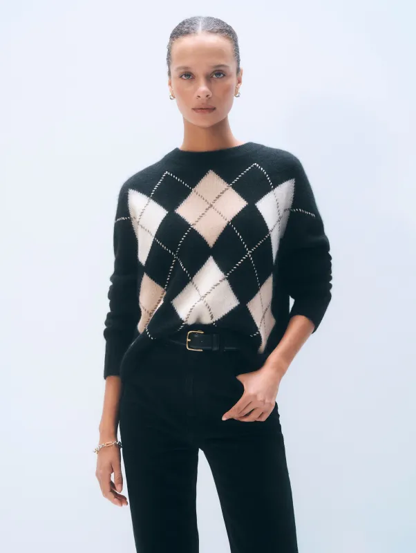 Cashmere Argyle Crewneck | Black Combo sold by White + Warren