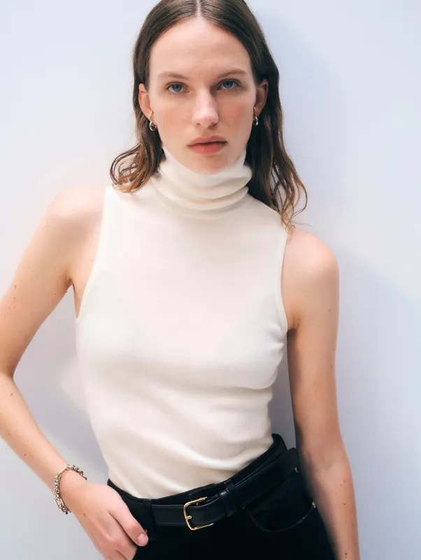 Superfine Merino Sleeveless Turtleneck | Cream sold by White + Warren