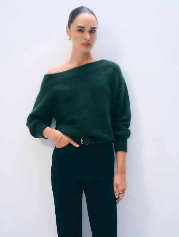 Brushed Cashmere Off Shoulder Crewneck | Tealwood Green sold by White + Warren