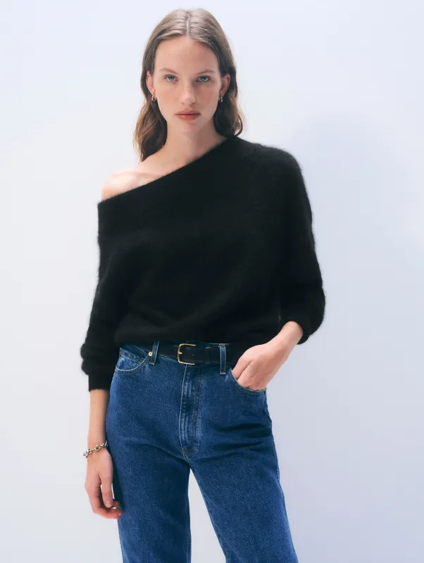 Brushed Cashmere Off Shoulder Crewneck | Black sold by White + Warren