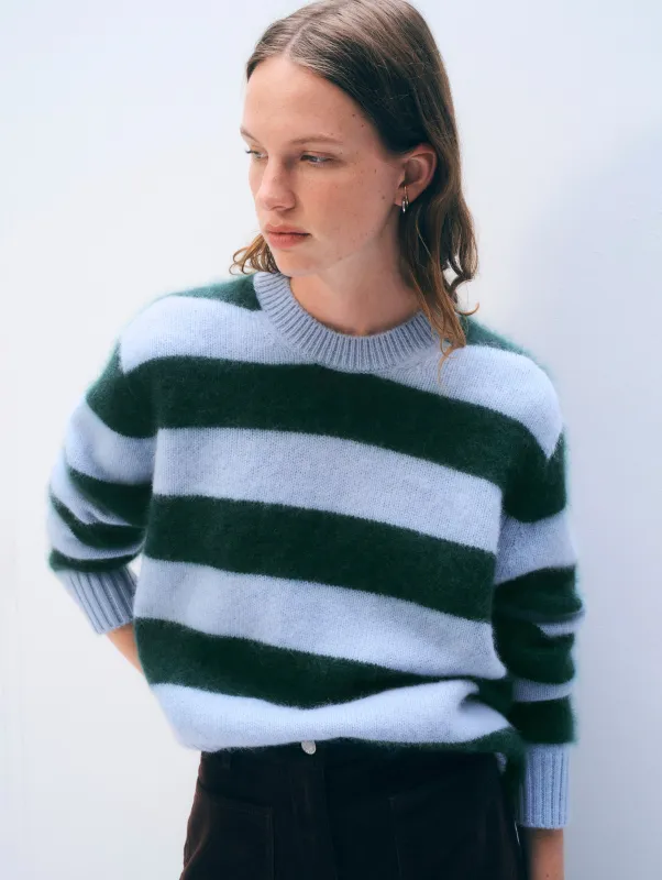 Brushed Cashmere Striped Crewneck | Blue/Tealwood sold by White + Warren